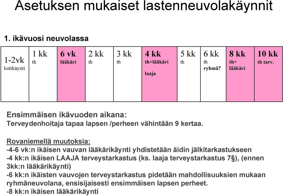 Rovaniemellä muutoksia: -4-6 vk:n ikäisen vauvan lääkärikäynti yhdistetään äidin jälkitarkastukseen -4 kk:n ikäisen LAAJA terveystarkastus (ks.