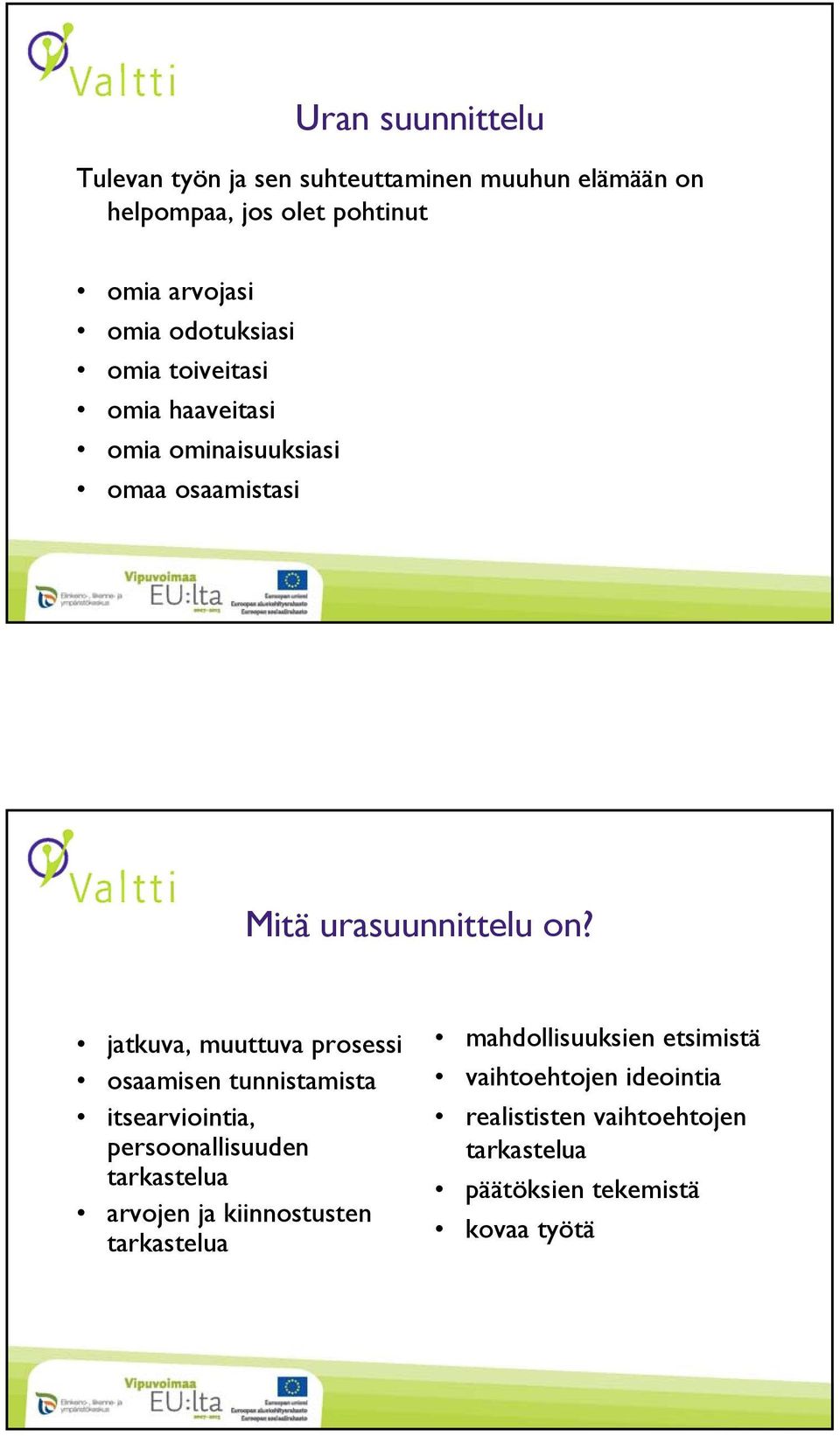 jatkuva, muuttuva prosessi osaamisen tunnistamista itsearviointia, persoonallisuuden tarkastelua arvojen ja