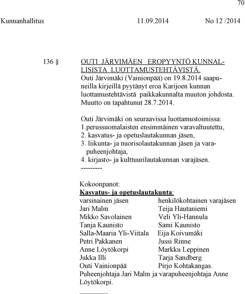 perussuomalaisten ensimmäinen varavaltuutettu, 2. kasvatus- ja opetuslautakunnan jäsen, 3. liikunta- ja nuorisolautakunnan jäsen ja varapuheenjohtaja, 4. kirjasto- ja kulttuurilautakunnan varajäsen.