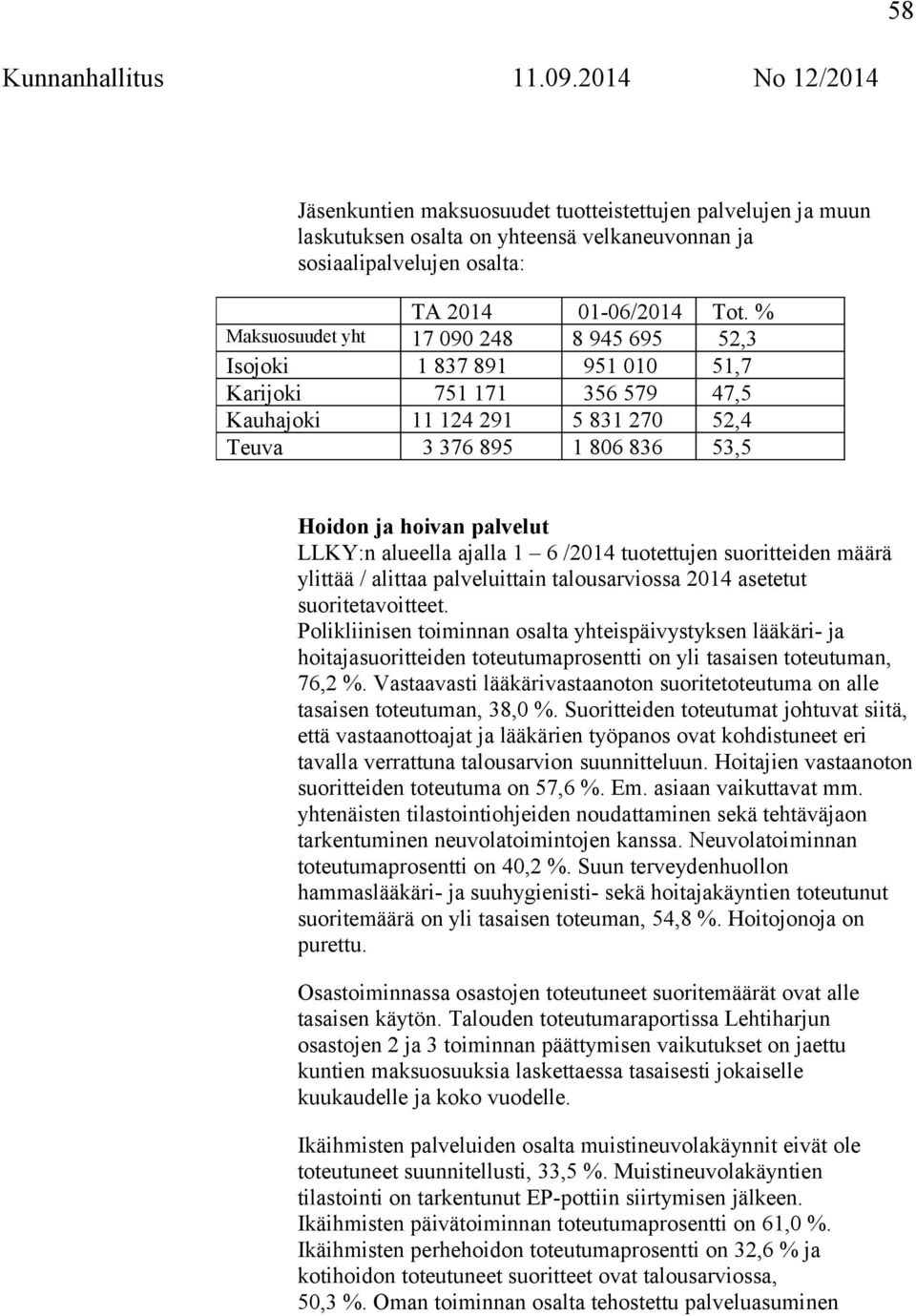 LLKY:n alueella ajalla 1 6 /2014 tuotettujen suoritteiden määrä ylittää / alittaa palveluittain talousarviossa 2014 asetetut suoritetavoitteet.