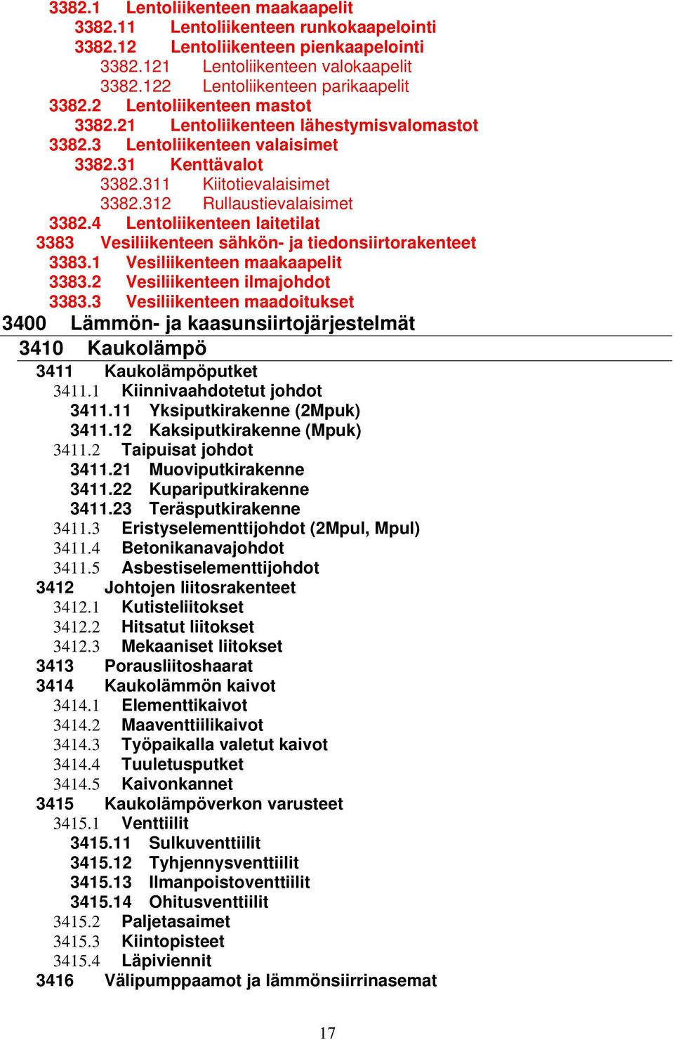 4 Lentoliikenteen laitetilat 3383 Vesiliikenteen sähkön- ja tiedonsiirtorakenteet 3383.1 Vesiliikenteen maakaapelit 3383.2 Vesiliikenteen ilmajohdot 3383.