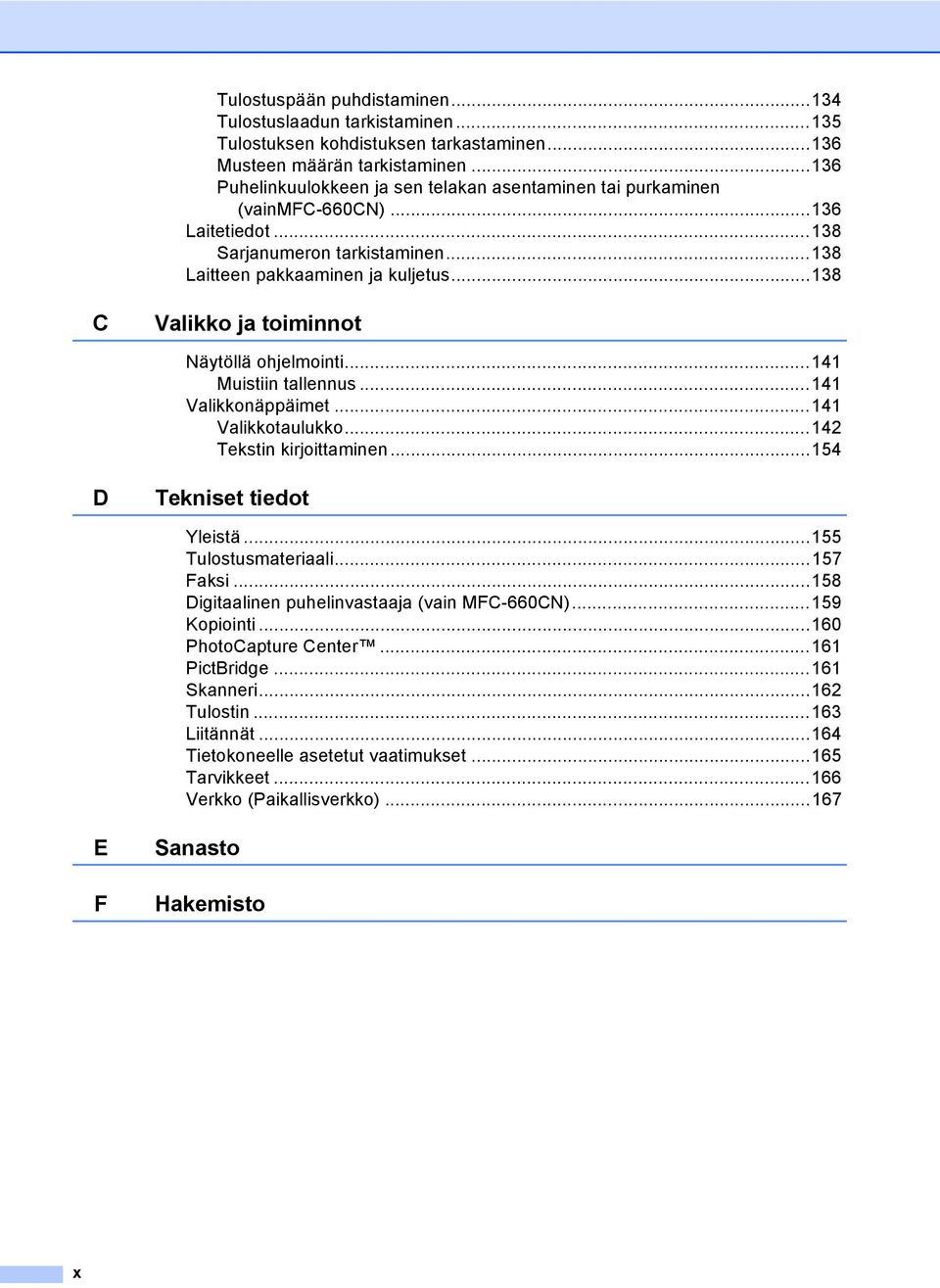 ..138 C Valikko ja toiminnot Näytöllä ohjelmointi...141 Muistiin tallennus...141 Valikkonäppäimet...141 Valikkotaulukko...142 Tekstin kirjoittaminen...154 D Tekniset tiedot Yleistä.
