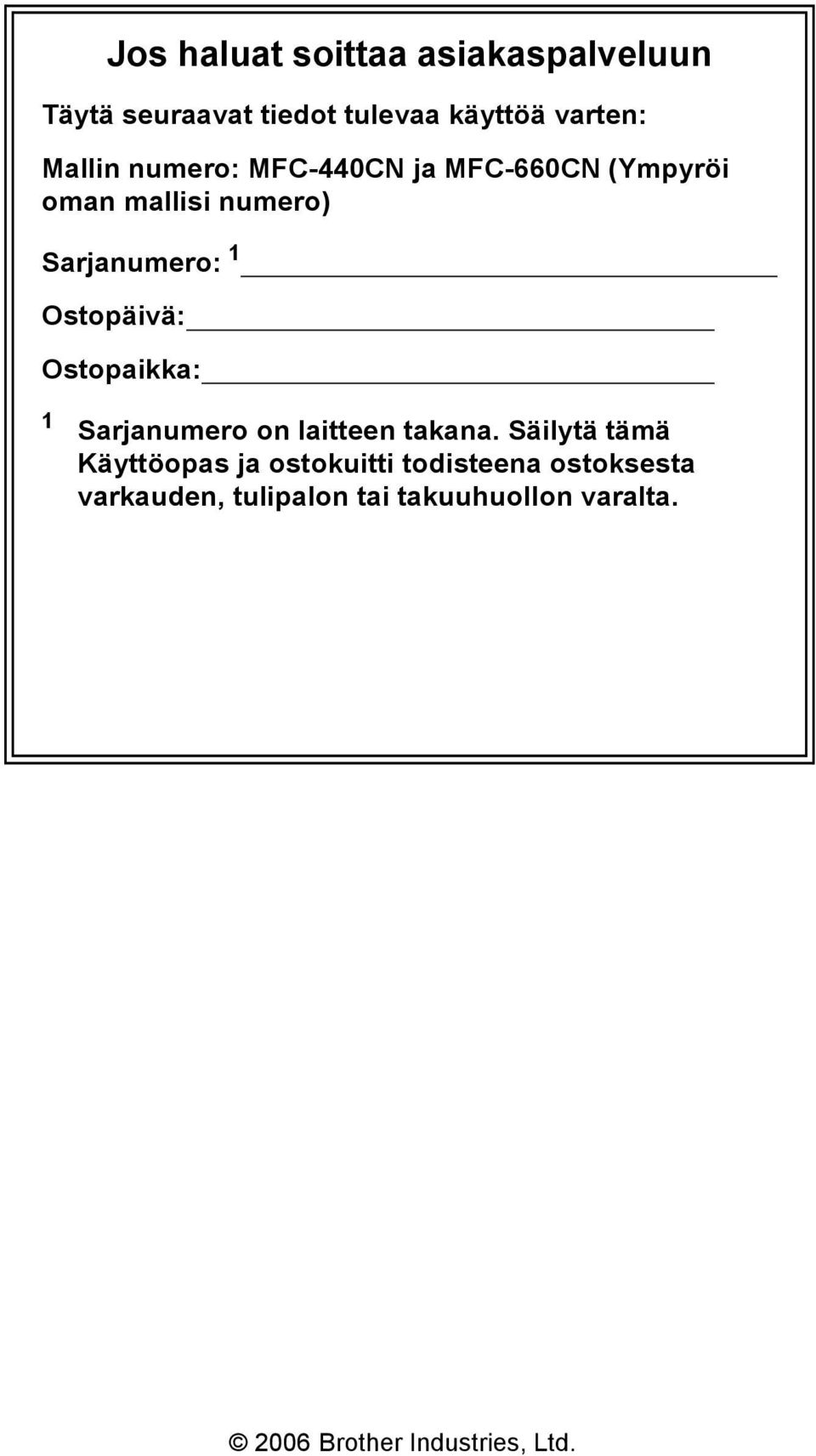 Ostopaikka: 1 Sarjanumero on laitteen takana.