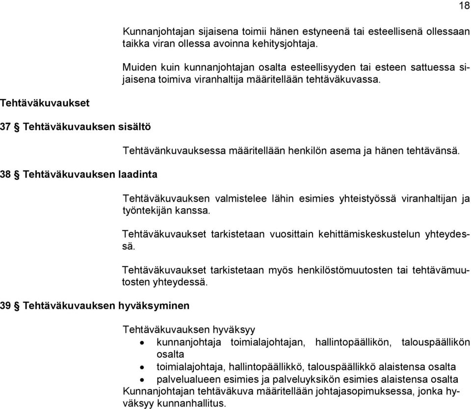 18 Tehtäväkuvaukset 37 Tehtäväkuvauksen sisältö 38 Tehtäväkuvauksen laadinta 39 Tehtäväkuvauksen hyväksyminen Tehtävänkuvauksessa määritellään henkilön asema ja hänen tehtävänsä.