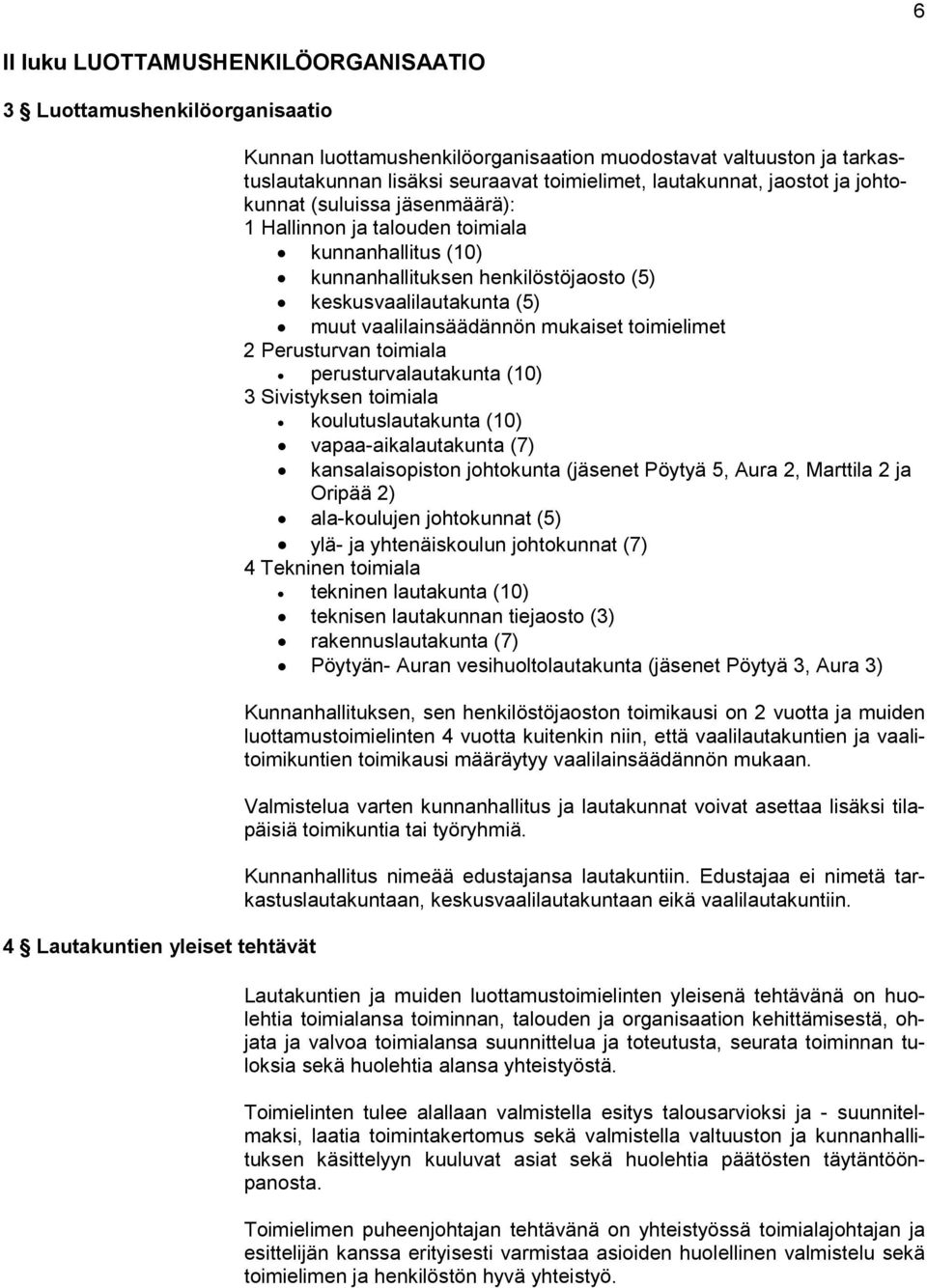 muut vaalilainsäädännön mukaiset toimielimet 2 Perusturvan toimiala perusturvalautakunta (10) 3 Sivistyksen toimiala koulutuslautakunta (10) vapaa-aikalautakunta (7) kansalaisopiston johtokunta