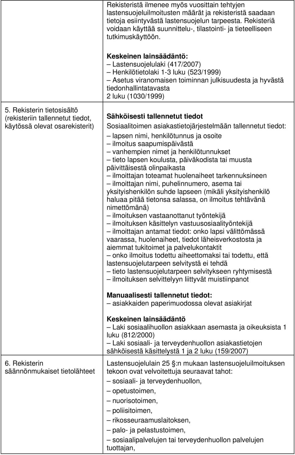 Lastensuojelulaki (417/2007) Henkilötietolaki 1-3 luku (523/1999) Asetus viranomaisen toiminnan julkisuudesta ja hyvästä tiedonhallintatavasta 2 luku (1030/1999) 5.