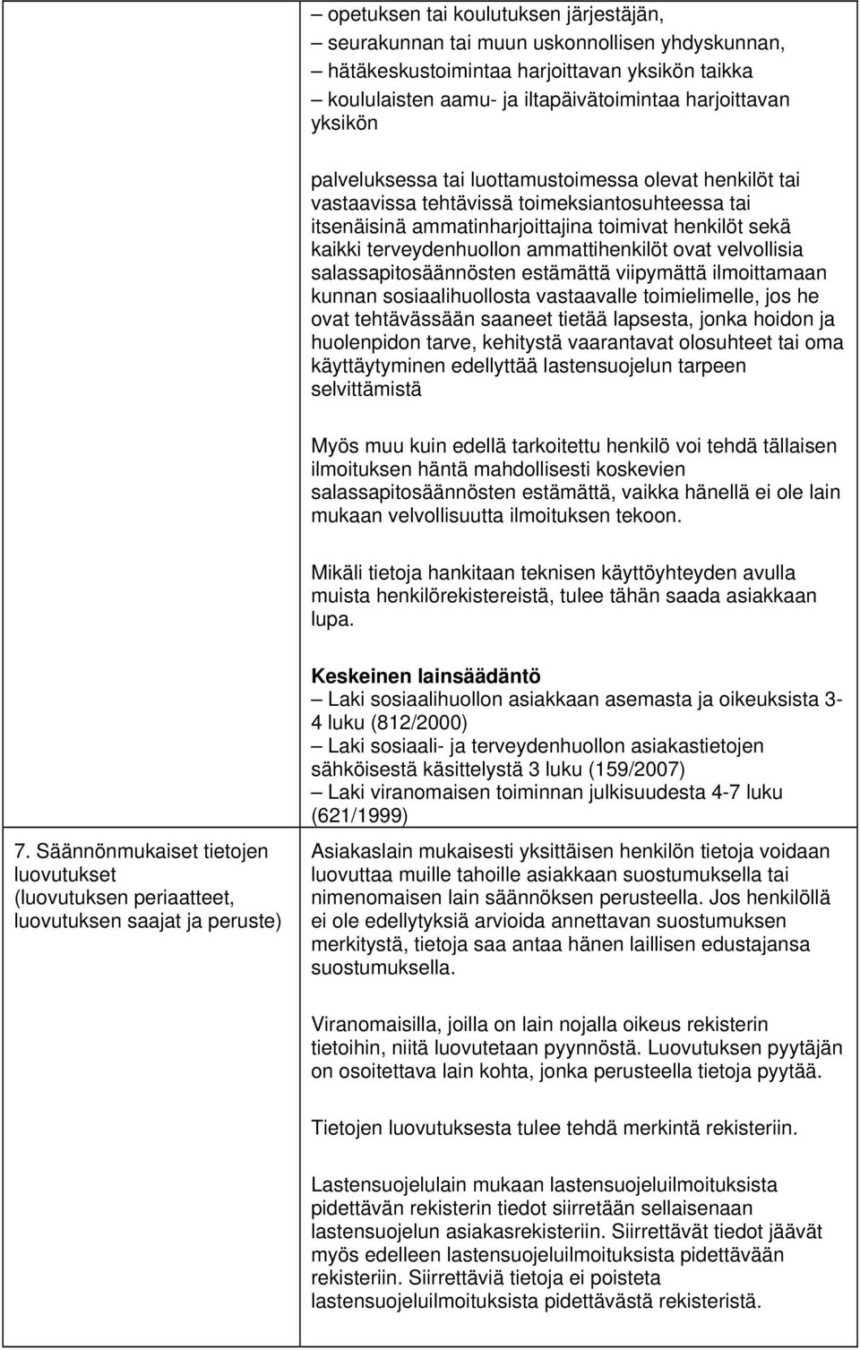 ammattihenkilöt ovat velvollisia salassapitosäännösten estämättä viipymättä ilmoittamaan kunnan sosiaalihuollosta vastaavalle toimielimelle, jos he ovat tehtävässään saaneet tietää lapsesta, jonka