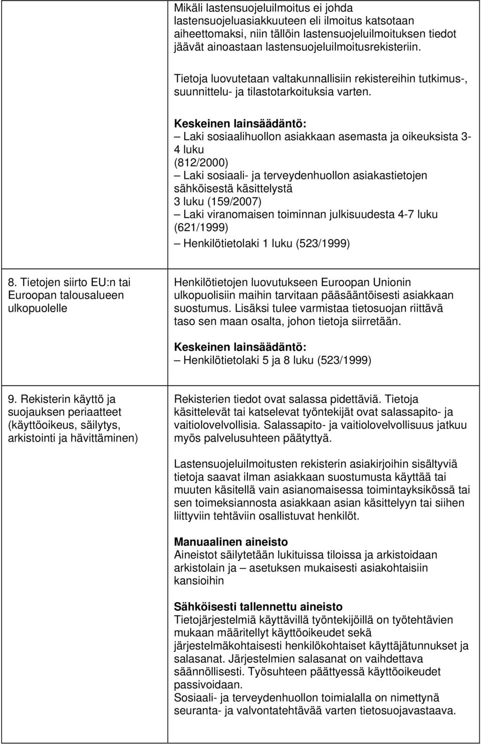 Laki sosiaalihuollon asiakkaan asemasta ja oikeuksista 3-4 luku (812/2000) Laki sosiaali- ja terveydenhuollon asiakastietojen sähköisestä käsittelystä 3 luku (159/2007) Laki viranomaisen toiminnan