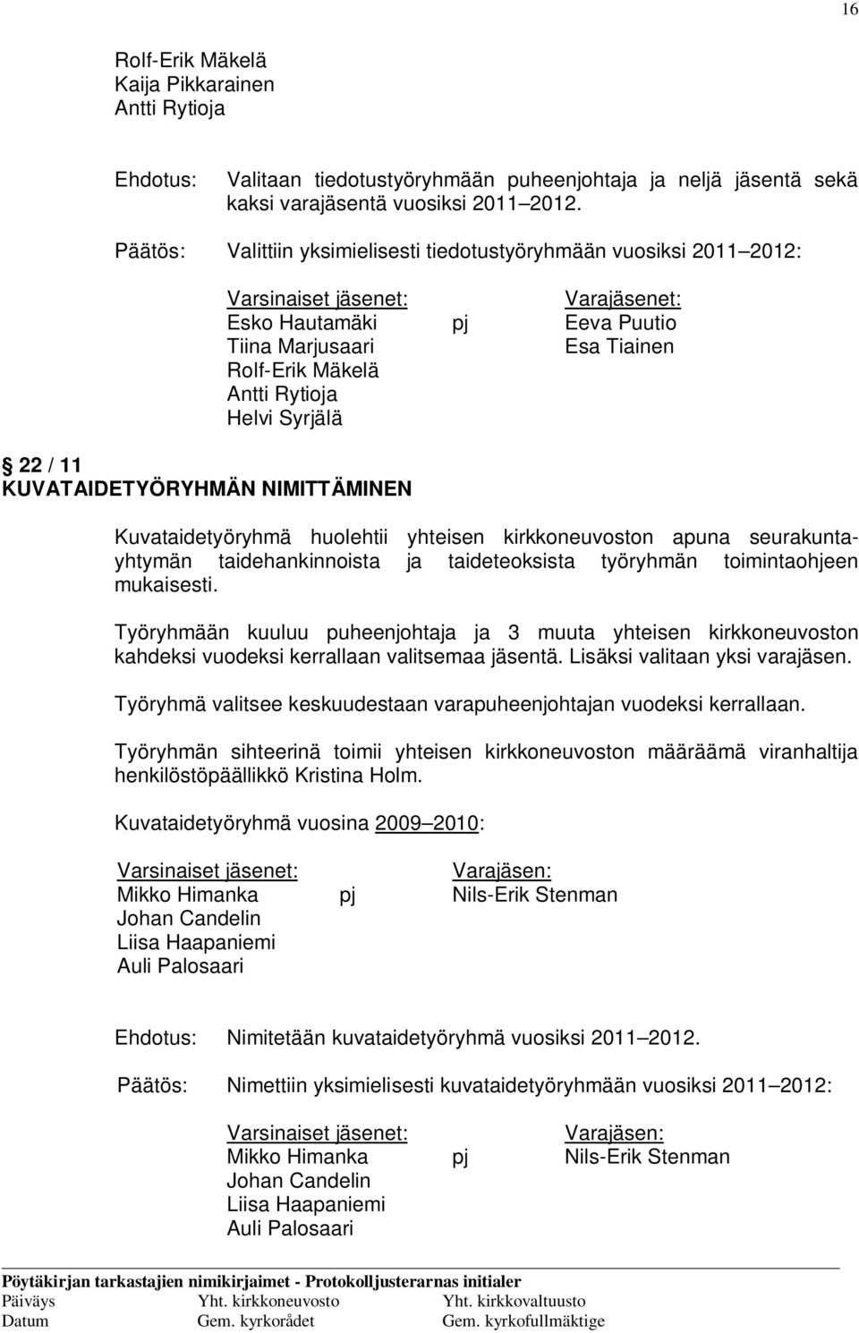 Rolf-Erik Mäkelä Antti Rytioja Helvi Syrjälä Kuvataidetyöryhmä huolehtii yhteisen kirkkoneuvoston apuna seurakuntayhtymän taidehankinnoista ja taideteoksista työryhmän toimintaohjeen mukaisesti.