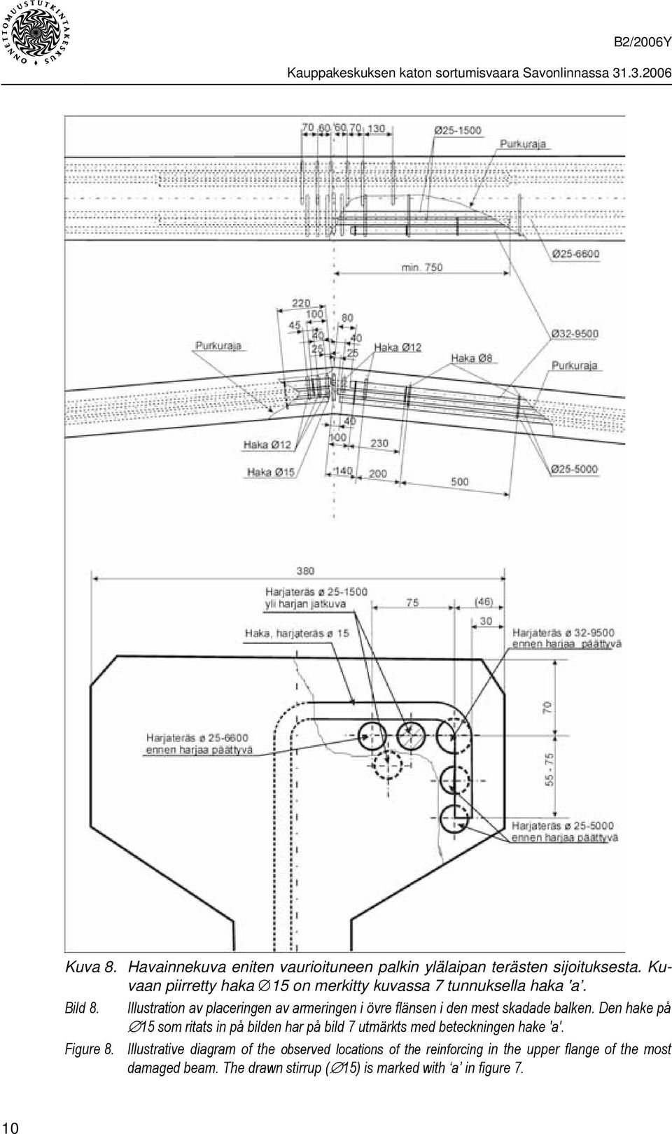Bild 8. Illustration av placeringen av armeringen i övre flänsen i den mest skadade balken.