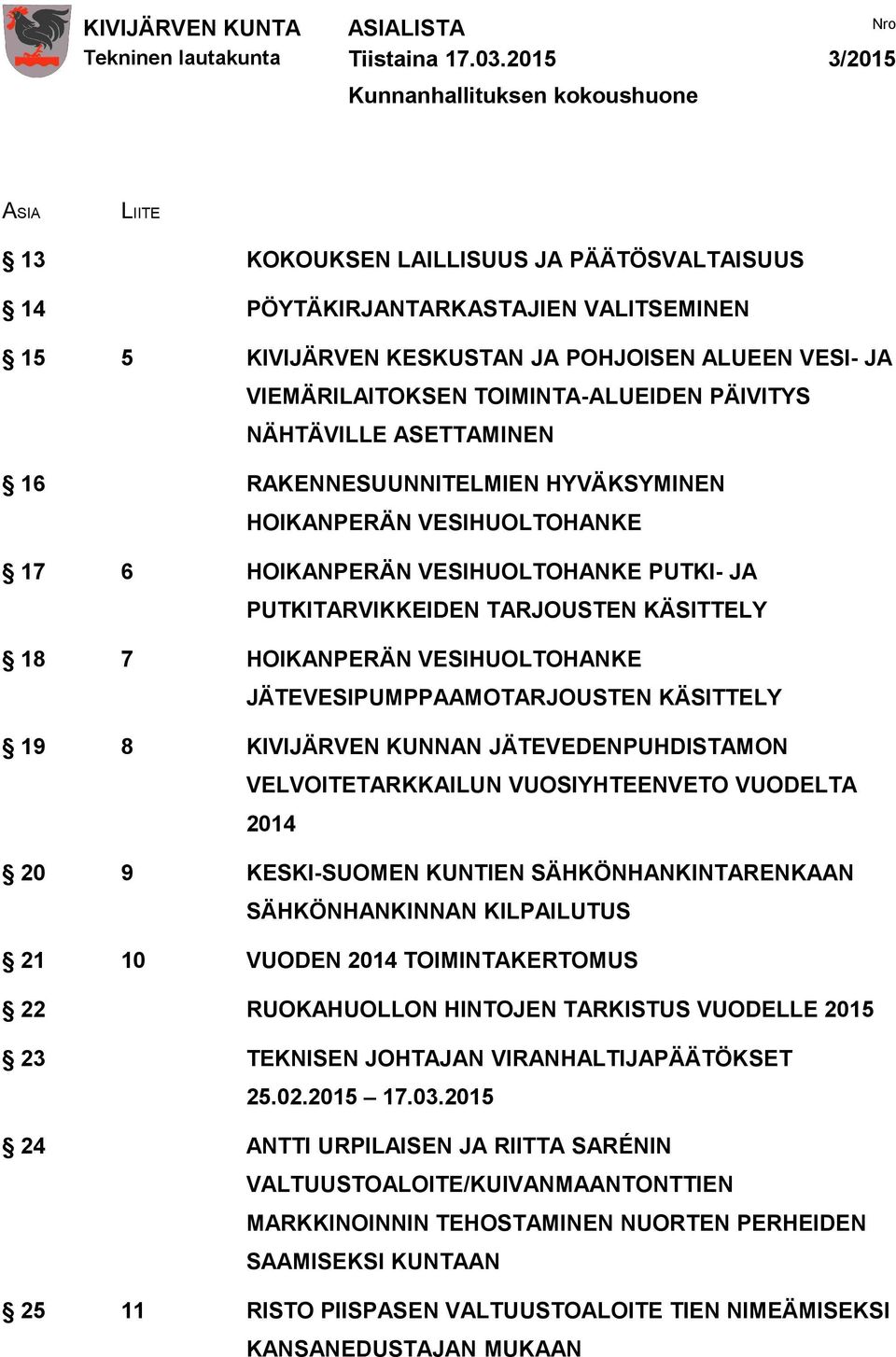 PUTKITARVIKKEIDEN TARJOUSTEN KÄSITTELY 18 7 HOIKANPERÄN VESIHUOLTOHANKE JÄTEVESIPUMPPAAMOTARJOUSTEN KÄSITTELY 19 8 KIVIJÄRVEN KUNNAN JÄTEVEDENPUHDISTAMON VELVOITETARKKAILUN VUOSIYHTEENVETO VUODELTA