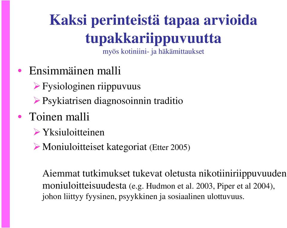 Moniuloitteiset kategoriat (Etter 25) Aiemmat tutkimukset tukevat oletusta nikotiiniriippuvuuden