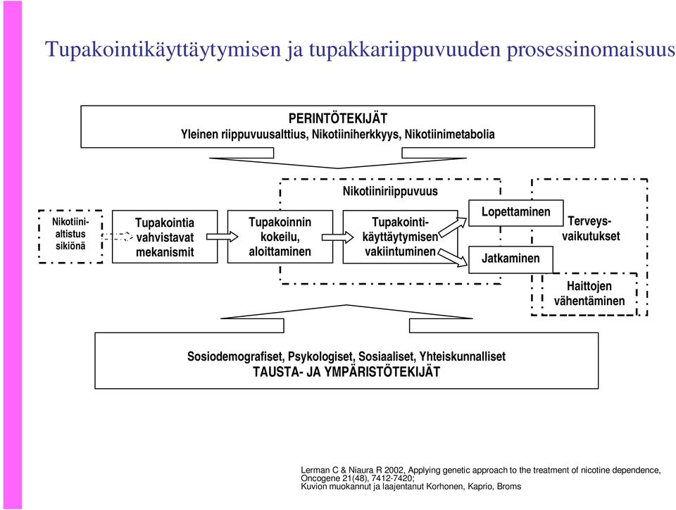 Tupakointikäyttäytymisen vakiintuminen Lopettaminen Jatkaminen Haittojen vähentäminen Sosiodemografiset, Psykologiset, Sosiaaliset, Yhteiskunnalliset TAUSTA-