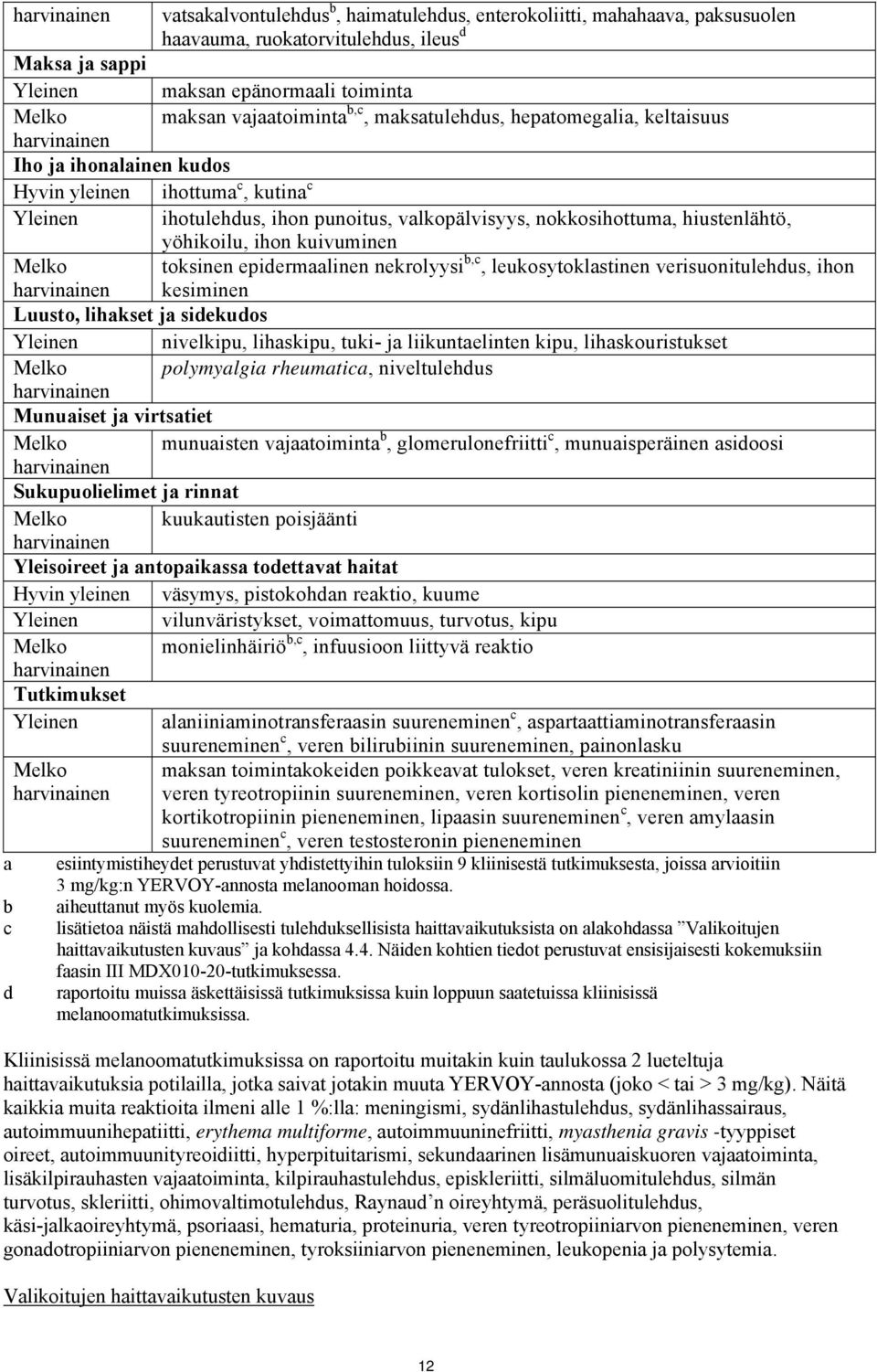 kuivuminen Melko toksinen epidermaalinen nekrolyysi b,c, leukosytoklastinen verisuonitulehdus, ihon kesiminen Luusto, lihakset ja sidekudos Yleinen nivelkipu, lihaskipu, tuki- ja liikuntaelinten