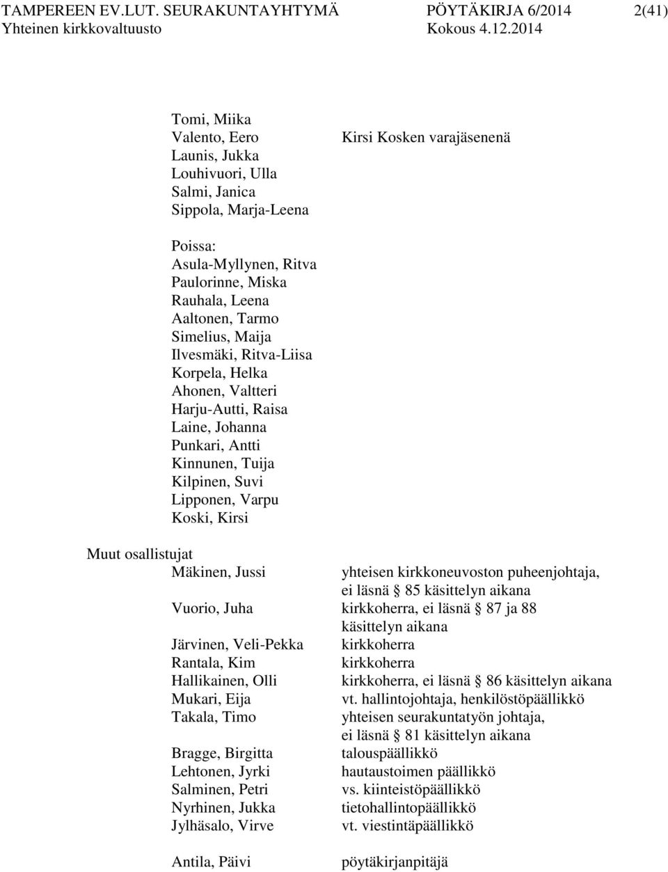 Paulorinne, Miska Rauhala, Leena Aaltonen, Tarmo Simelius, Maija Ilvesmäki, Ritva-Liisa Korpela, Helka Ahonen, Valtteri Harju-Autti, Raisa Laine, Johanna Punkari, Antti Kinnunen, Tuija Kilpinen, Suvi