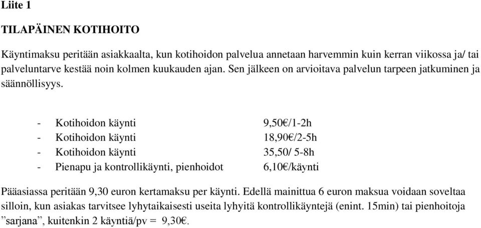- Kotihoidon käynti 9,50 /1-2h - Kotihoidon käynti 18,90 /2-5h - Kotihoidon käynti 35,50/ 5-8h - Pienapu ja kontrollikäynti, pienhoidot 6,10 /käynti Pääasiassa