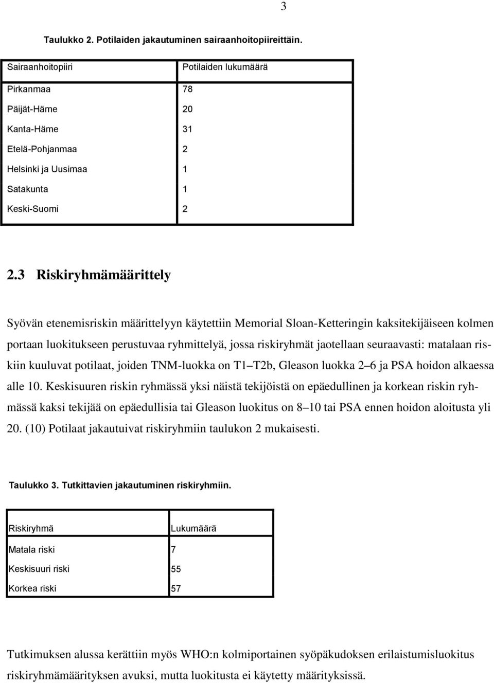 3 Riskiryhmämäärittely Syövän etenemisriskin määrittelyyn käytettiin Memorial Sloan-Ketteringin kaksitekijäiseen kolmen portaan luokitukseen perustuvaa ryhmittelyä, jossa riskiryhmät jaotellaan