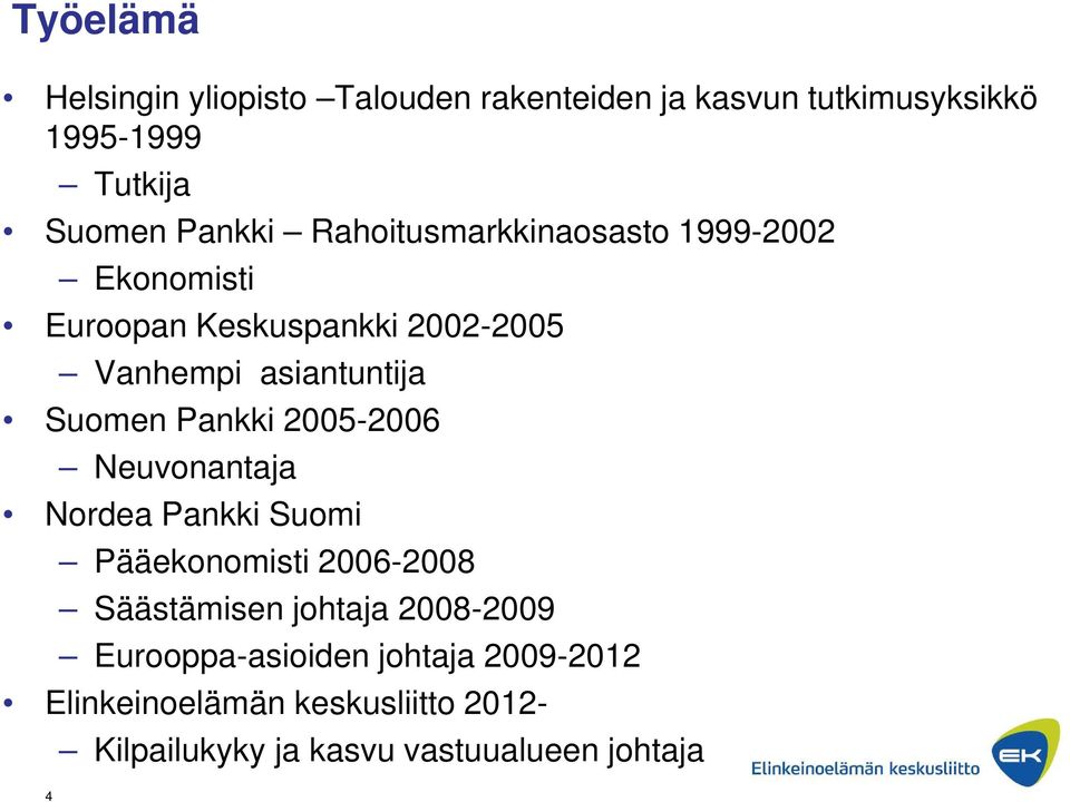 Pankki 2005-2006 Neuvonantaja Nordea Pankki Suomi Pääekonomisti 2006-2008 Säästämisen johtaja 2008-2009