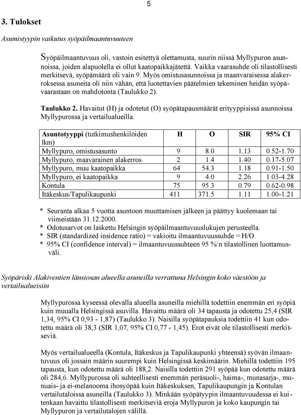 Myös omistusasunnoissa ja maanvaraisessa alakerroksessa asuneita oli niin vähän, että luotettavien päätelmien tekeminen heidän syöpävaarastaan on mahdotonta (Taulukko 2). Taulukko 2.