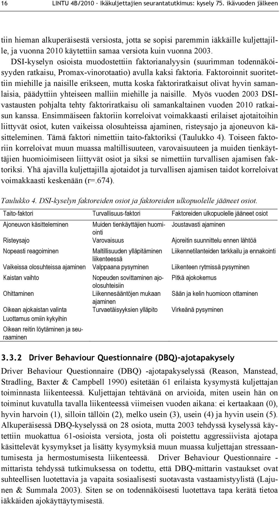 DSI-kyselyn osioista muodostettiin faktorianalyysin (suurimman todennäköisyyden ratkaisu, Promax-vinorotaatio) avulla kaksi faktoria.