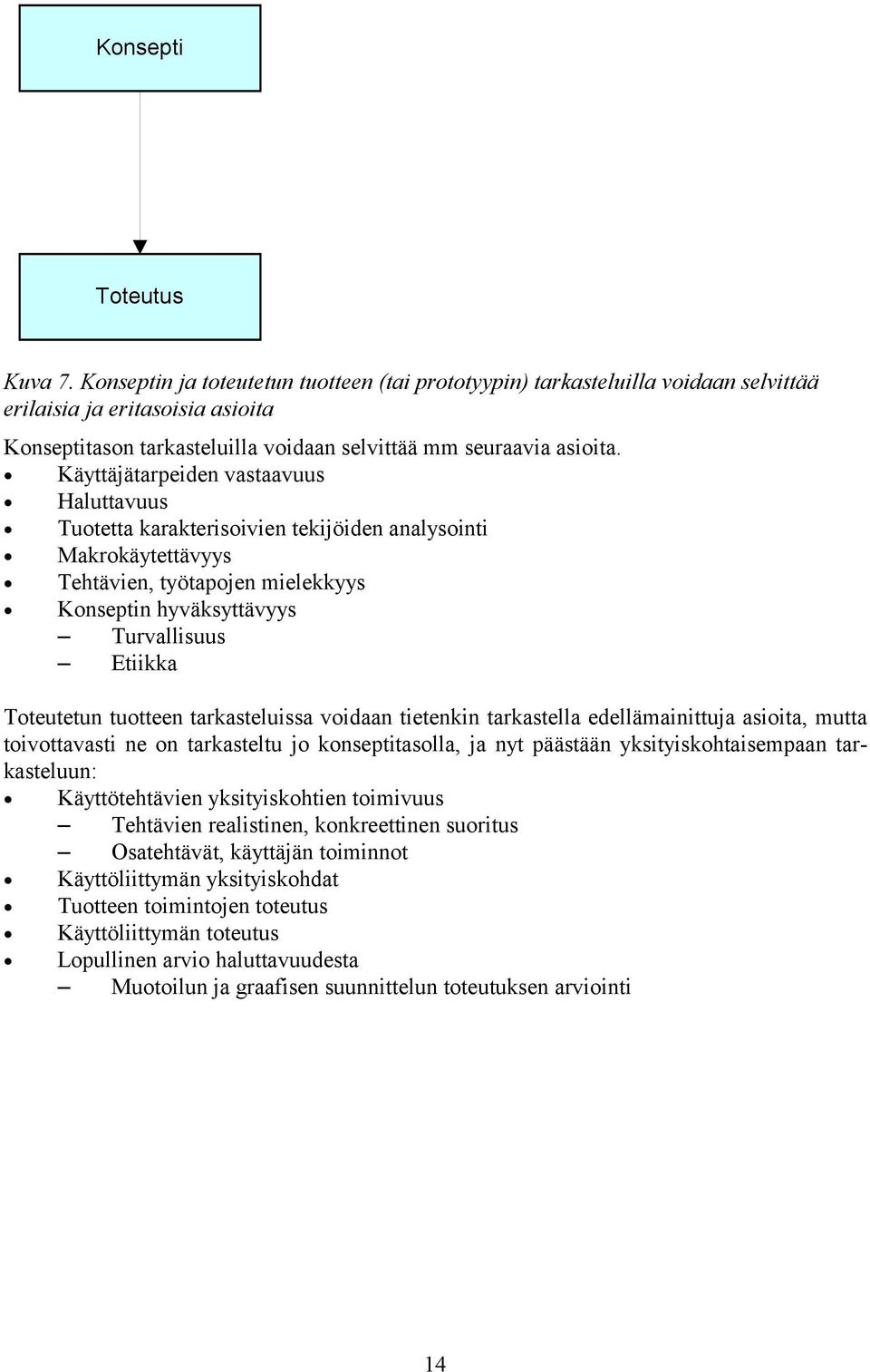 Käyttäjätarpeiden vastaavuus Haluttavuus Tuotetta karakterisoivien tekijöiden analysointi Makrokäytettävyys Tehtävien, työtapojen mielekkyys Konseptin hyväksyttävyys Turvallisuus Etiikka Toteutetun