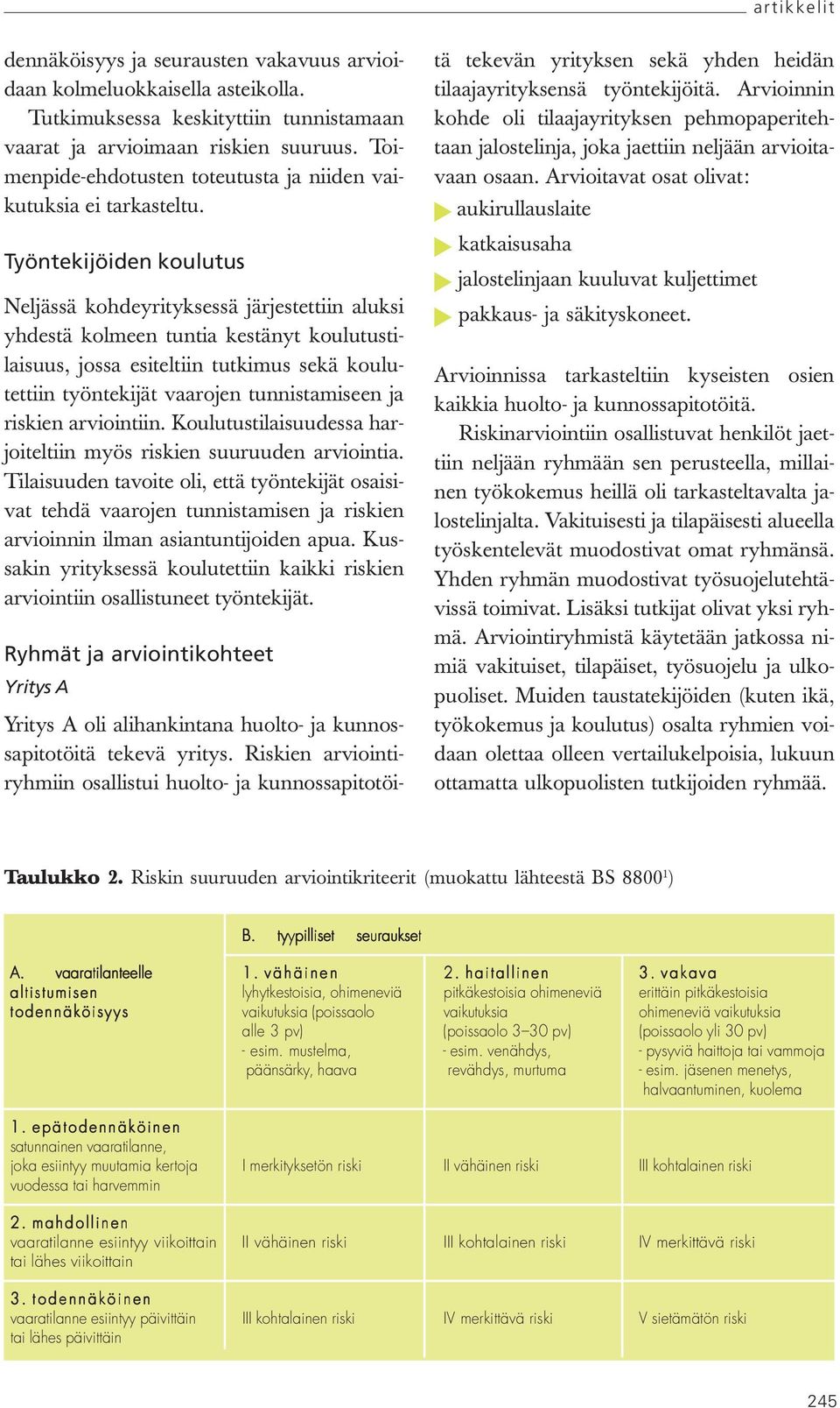 Työntekijöiden koulutus Neljässä kohdeyrityksessä järjestettiin aluksi yhdestä kolmeen tuntia kestänyt koulutustilaisuus, jossa esiteltiin tutkimus sekä koulutettiin työntekijät vaarojen