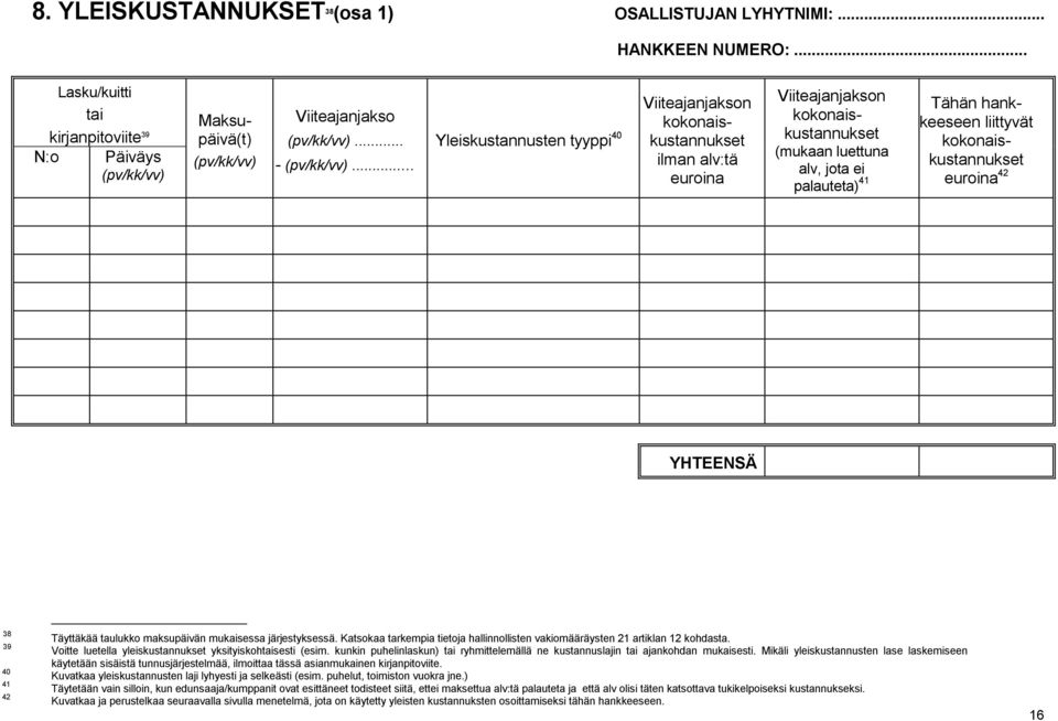 Täyttäkää taulukko maksupäivän mukaisessa järjestyksessä. Katsokaa tarkempia tietoja hallinnollisten vakiomääräysten 21 artiklan 12 kohdasta. Voitte luetella yleis yksityiskohtaisesti (esim.