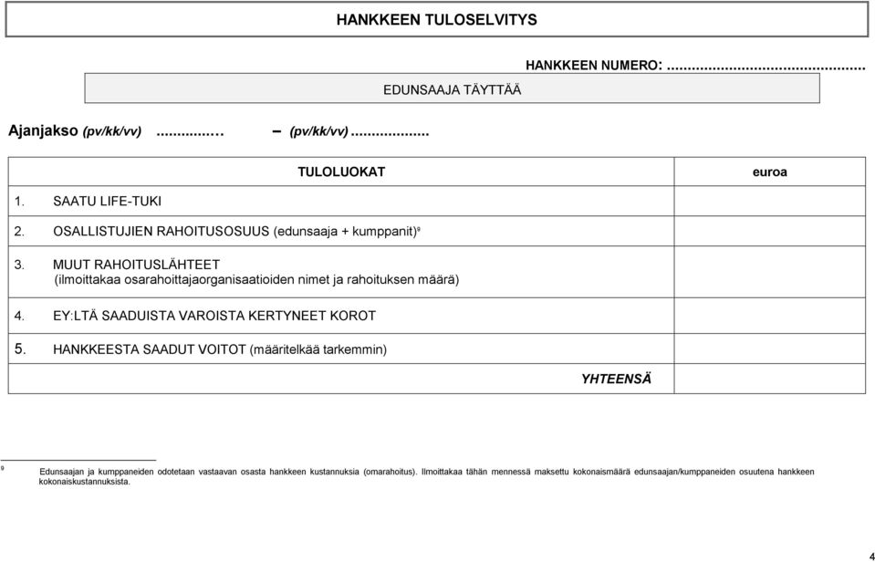 MUUT RAHOITUSLÄHTEET (ilmoittakaa osarahoittajaorganisaatioiden nimet ja rahoituksen määrä) 4. EY:LTÄ SAADUISTA VAROISTA KERTYNEET KOROT 5.