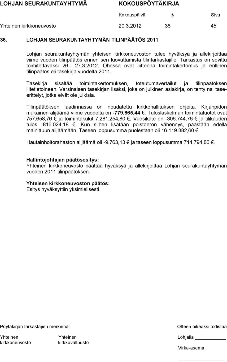Tarkastus on sovittu toimitettavaksi 26.- 27.3.2012. Ohessa ovat liitteenä toimintakertomus ja erillinen tilinpäätös eli tasekirja vuodelta 2011.