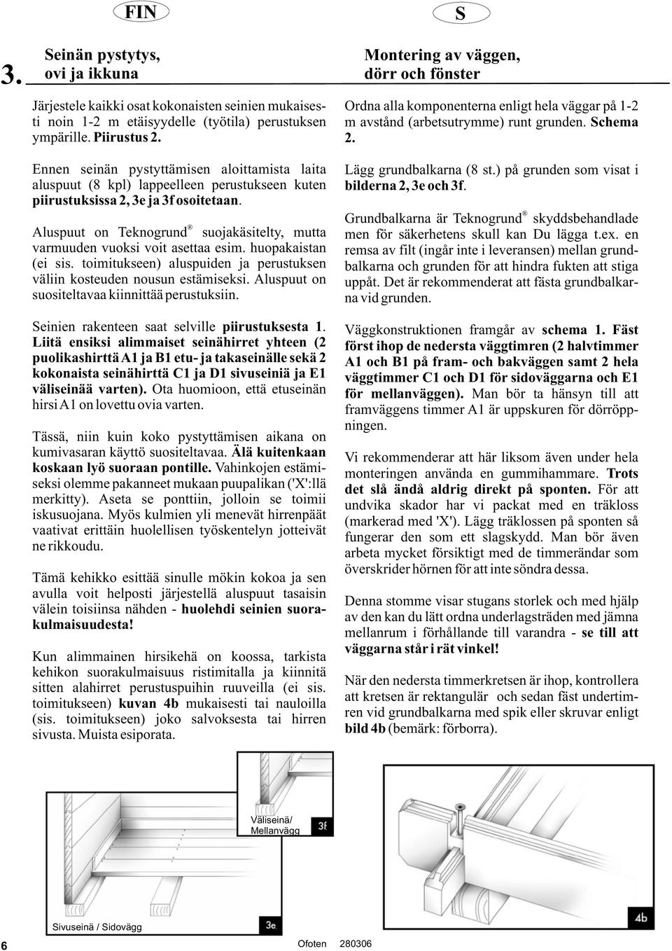 Aluspuut on Teknogrund suojakäsitelty, mutta varmuuden vuoksi voit asettaa esim. huopakaistan (ei sis. toimitukseen) aluspuiden ja perustuksen väliin kosteuden nousun estämiseksi.