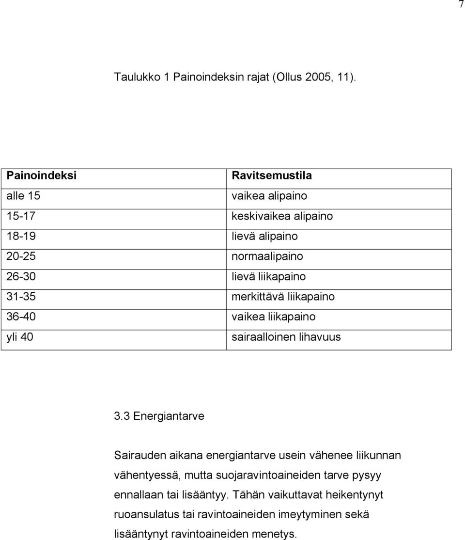 liikapaino 31-35 merkittävä liikapaino 36-40 vaikea liikapaino yli 40 sairaalloinen lihavuus 3.