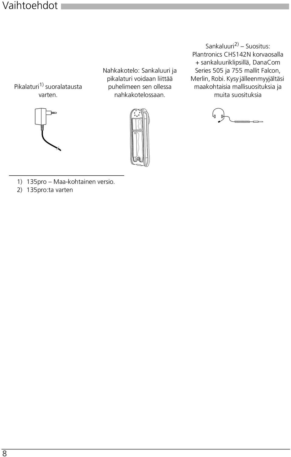 Sankaluuri 2) Suositus: Plantronics CHS142N korvaosalla + sankaluuriklipsillä, DanaCom Series 505 ja