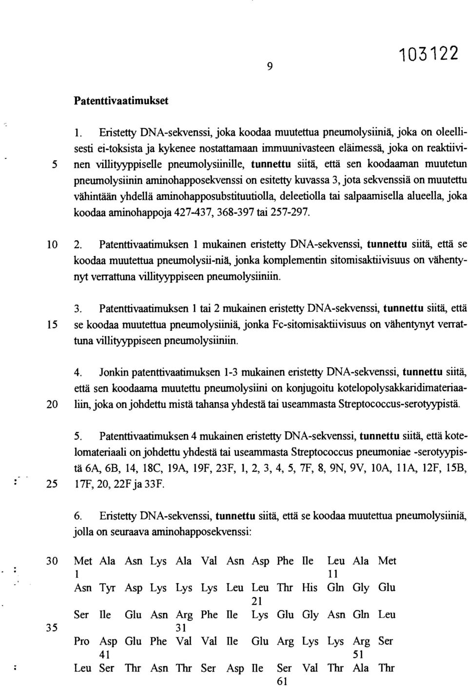 pneumolysiinille, tunnettu siitä, että sen koodaaman muutetun pneumolysiinin aminohapposekvenssi on esitetty kuvassa 3, jota sekvenssiä on muutettu vähintään yhdellä aminohapposubstituutiolla,