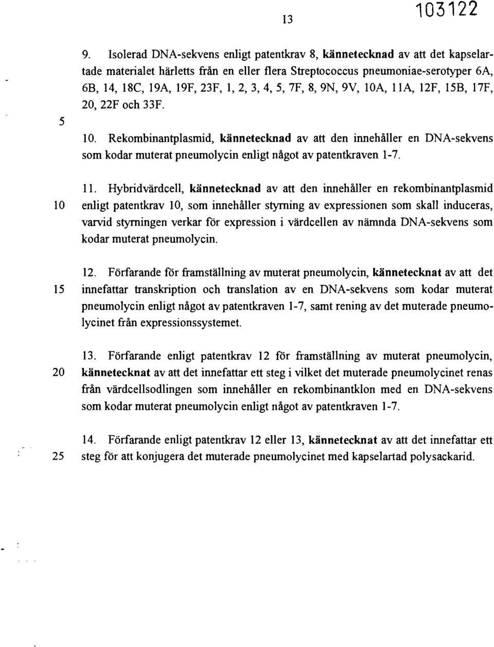 5, 7F, 8, 9N, 9V, 10A, 11A, 12F, 15B, I7F, 20, 22F och 33F. 10. Rekombinantplasmid, kännetecknad av att den innehåller en DNA-sekvens som kodar muterat pneumolycin enligt något av patentkraven 1-7.