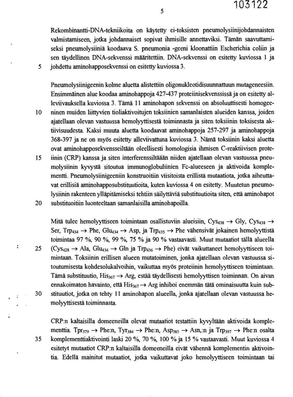 Pneumolysiinigeenin kolme aluetta alistettiin oligonuldeotidisuunnattuun mutageneesiin. Ensimmäinen alue koodaa aminohappoja 427-437 proteänisekvenssissä ja on esitetty alleviivauksella kuviossa 3.