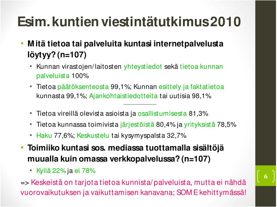 tai uutisia 98,1% ------------------------ Tietoa vireillä olevista asioista ja osallistumisesta 81,3% Tietoa kunnassa toimivista järjestöistä 80,4% ja yrityksistä 78,5% Haku 77,6%;