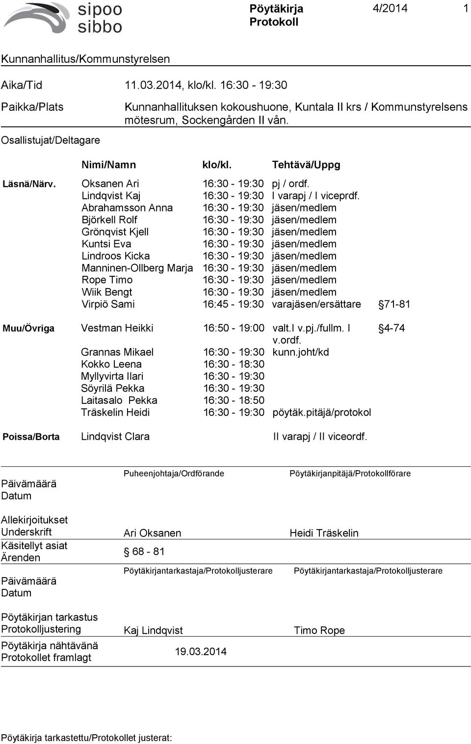 Oksanen Ari 16:30-19:30 pj / ordf. Lindqvist Kaj 16:30-19:30 I varapj / I viceprdf.