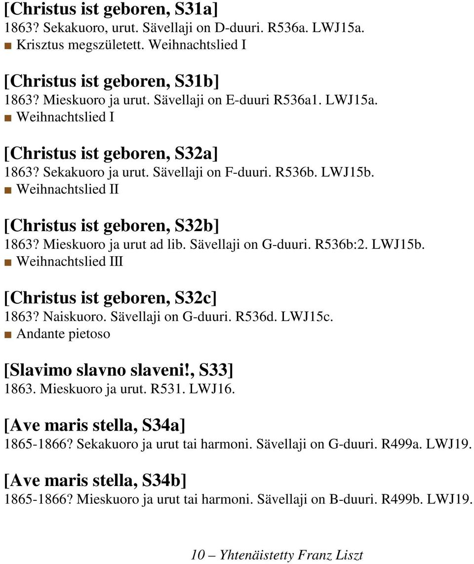 Mieskuoro ja urut ad lib. Sävellaji on G-duuri. R536b:2. LWJ15b. Weihnachtslied III [Christus ist geboren, S32c] 1863? Naiskuoro. Sävellaji on G-duuri. R536d. LWJ15c.