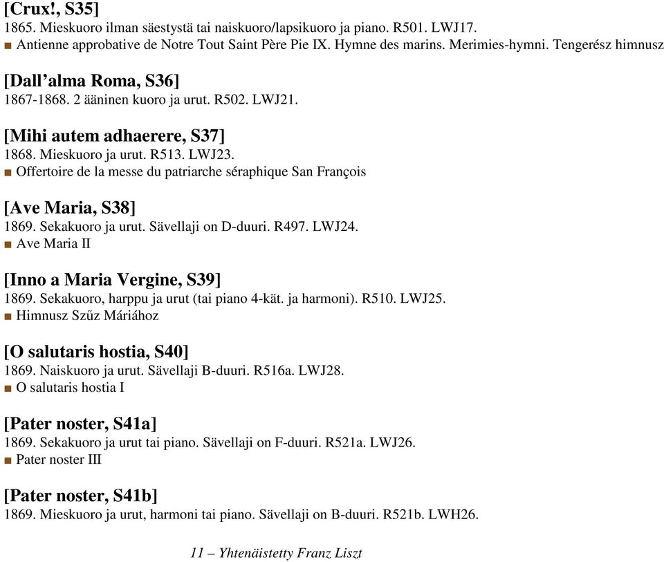 Offertoire de la messe du patriarche séraphique San François [Ave Maria, S38] 1869. Sekakuoro ja urut. Sävellaji on D-duuri. R497. LWJ24. Ave Maria II [Inno a Maria Vergine, S39] 1869.