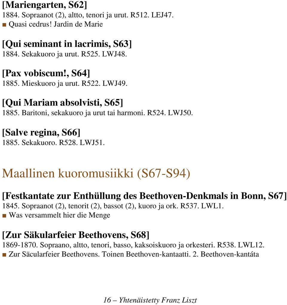 Maallinen kuoromusiikki (S67-S94) [Festkantate zur Enthüllung des Beethoven-Denkmals in Bonn, S67] 1845. Sopraanot (2), tenorit (2), bassot (2), kuoro ja ork. R537. LWL1.