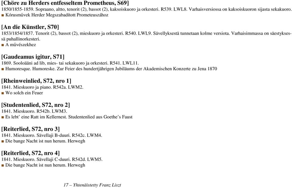 Varhaisimmassa on säestyksessä puhallinorkesteri. A művészekhez [Gaudeamus igitur, S71] 1869. Sooloääni ad lib, mies- tai sekakuoro ja orkesteri. R541. LWL11. Humoresque. Humoreske.