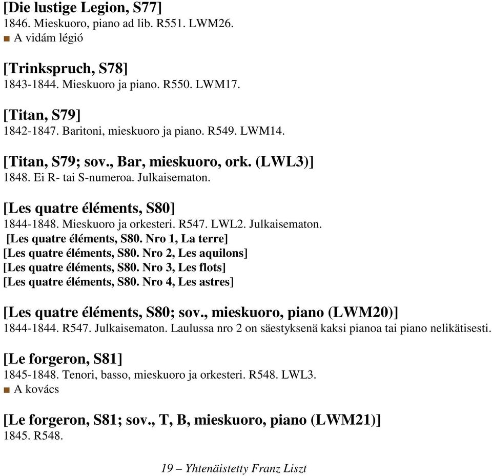 Nro 2, Les aquilons] [Les quatre éléments, S80. Nro 3, Les flots] [Les quatre éléments, S80. Nro 4, Les astres] [Les quatre éléments, S80; sov., mieskuoro, piano (LWM20)] 1844-1844. R547.