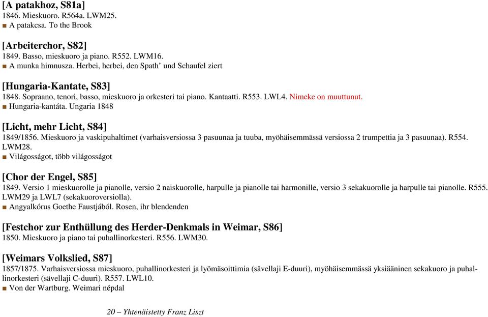 Ungaria 1848 [Licht, mehr Licht, S84] 1849/1856. Mieskuoro ja vaskipuhaltimet (varhaisversiossa 3 pasuunaa ja tuuba, myöhäisemmässä versiossa 2 trumpettia ja 3 pasuunaa). R554. LWM28.