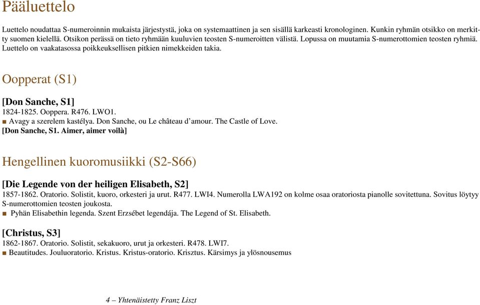 Oopperat (S1) [Don Sanche, S1] 1824-1825. Ooppera. R476. LWO1. Avagy a szerelem kastélya. Don Sanche, ou Le château d amour. The Castle of Love. [Don Sanche, S1. Aimer, aimer voilà] Hengellinen kuoromusiikki (S2-S66) [Die Legende von der heiligen Elisabeth, S2] 1857-1862.