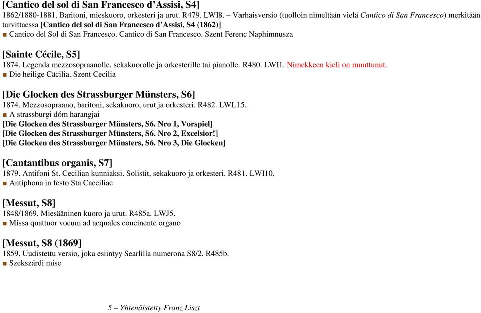 Cantico di San Francesco. Szent Ferenc Naphimnusza [Sainte Cécile, S5] 1874. Legenda mezzosopraanolle, sekakuorolle ja orkesterille tai pianolle. R480. LWI1. Nimekkeen kieli on muuttunut.