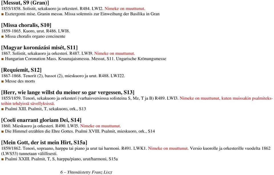 Solistit, sekakuoro ja orkesteri. R487. LWI9. Nimeke on muuttunut. Hungarian Coronation Mass. Kruunajaismessu. Messut, S11. Ungarische Krönungsmesse [Requiemit, S12] 1867-1868.