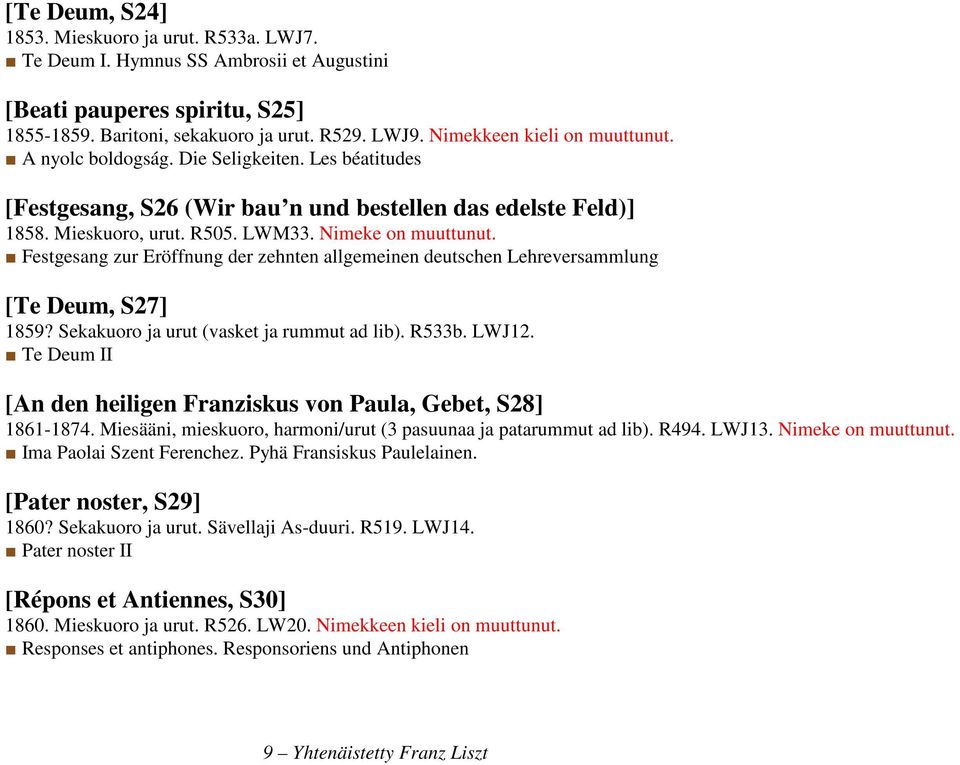 Festgesang zur Eröffnung der zehnten allgemeinen deutschen Lehreversammlung [Te Deum, S27] 1859? Sekakuoro ja urut (vasket ja rummut ad lib). R533b. LWJ12.