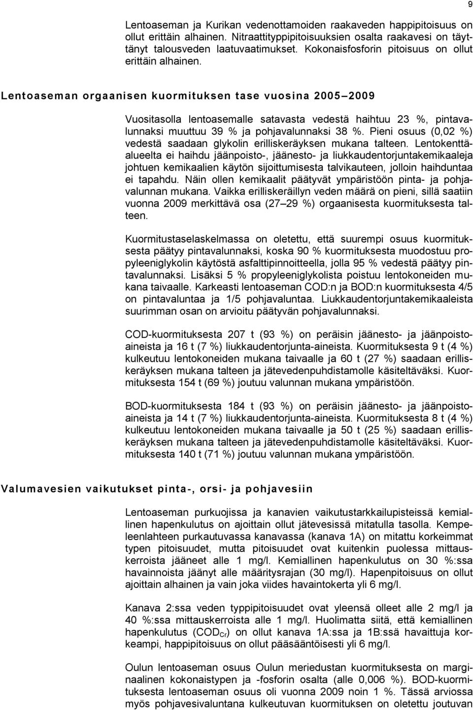 9 Lentoaseman orgaanisen kuormituksen tase vuosina 2005 2009 Vuositasolla lentoasemalle satavasta vedestä haihtuu 23 %, pintavalunnaksi muuttuu 39 % ja pohjavalunnaksi 38 %.