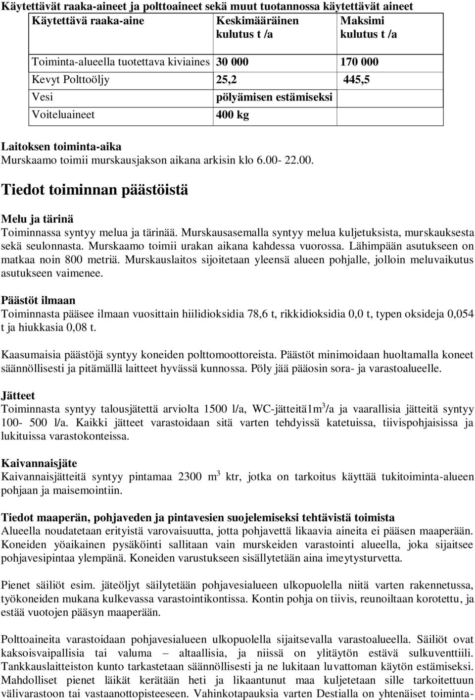 Murskausasemalla syntyy melua kuljetuksista, murskauksesta sekä seulonnasta. Murskaamo toimii urakan aikana kahdessa vuorossa. Lähimpään asutukseen on matkaa noin 800 metriä.