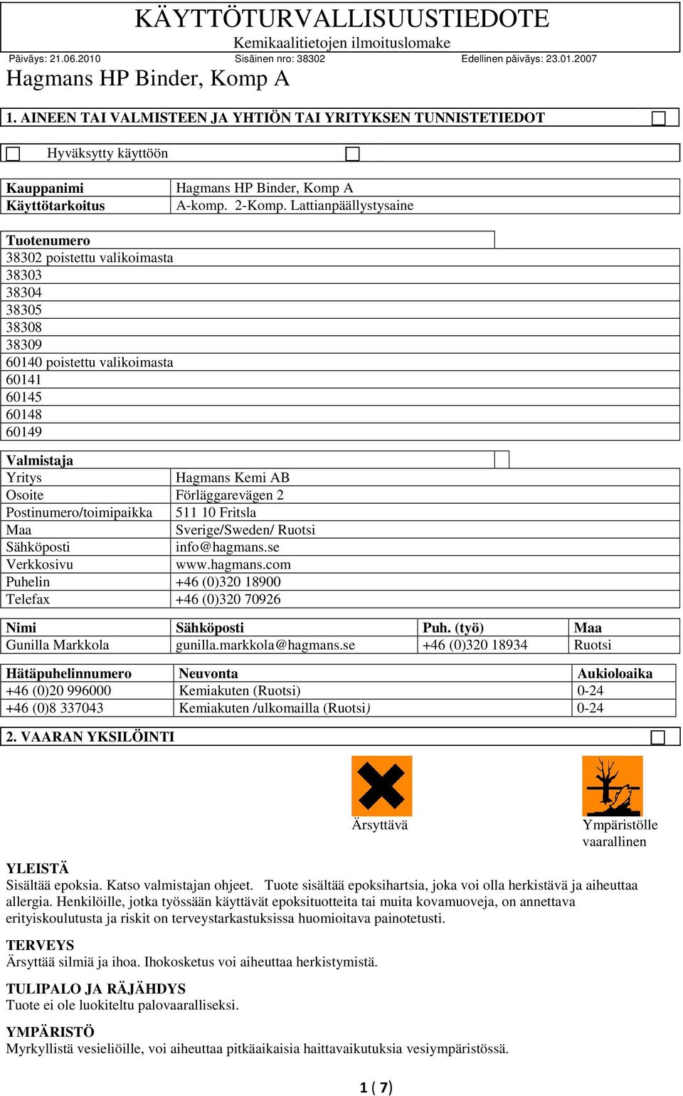 Förläggarevägen 2 Postinumero/toimipaikka 511 10 Fritsla Maa Sverige/Sweden/ Ruotsi Sähköposti info@hagmans.se Verkkosivu www.hagmans.com Puhelin +46 (0)320 18900 Telefax +46 (0)320 70926 Nimi Sähköposti Puh.